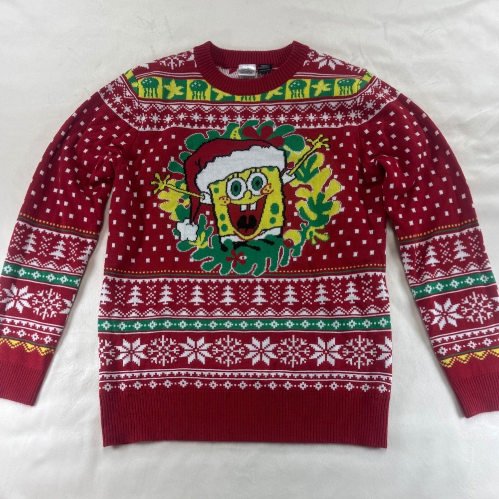 SpongeBob SquarePants Christmas Sweater Mens Medium Red Fair Isle Holiday Wreath